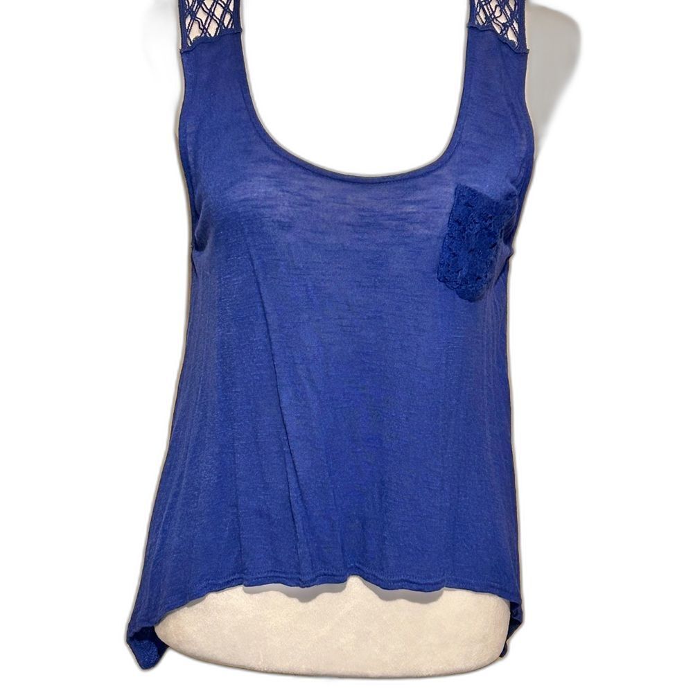 EAM Blue Knit Tank Top Lace Trim Cropped Sleeveless Blouse Womens L